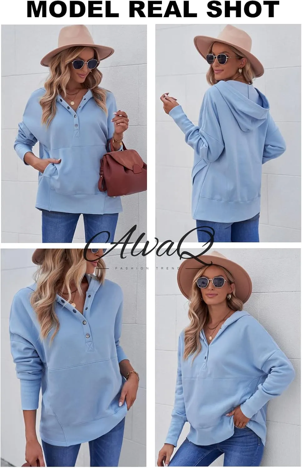 AlvaQ Women Casual Button V Neck Hoodies Oversized Pullover Sweatshirt Hooded Tops with Pockets
