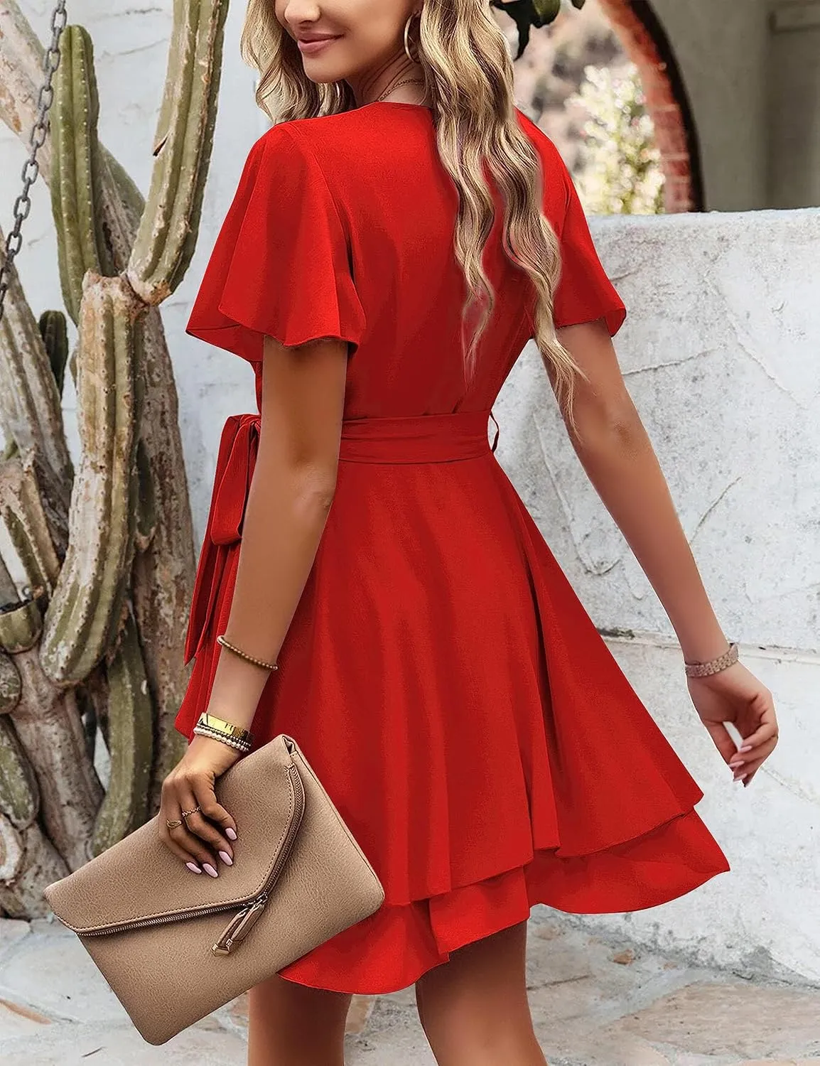 Amoretu Women's 2024 Summer Wrap Dress Short Sleeve Casual V Neck Ruffle Mini Dresses