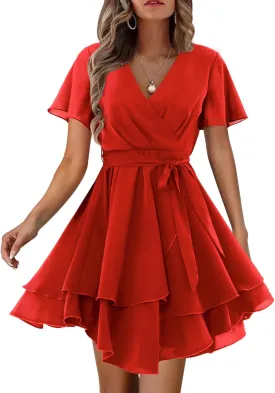 Amoretu Women's 2024 Summer Wrap Dress Short Sleeve Casual V Neck Ruffle Mini Dresses