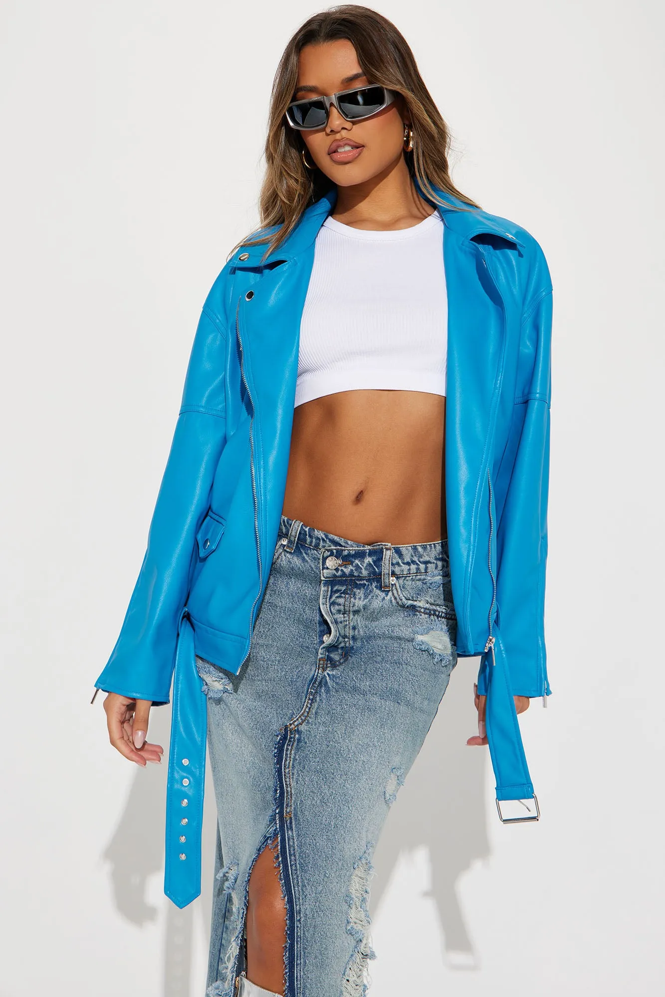 Big Rider Over Sized Faux Leather Moto - Blue