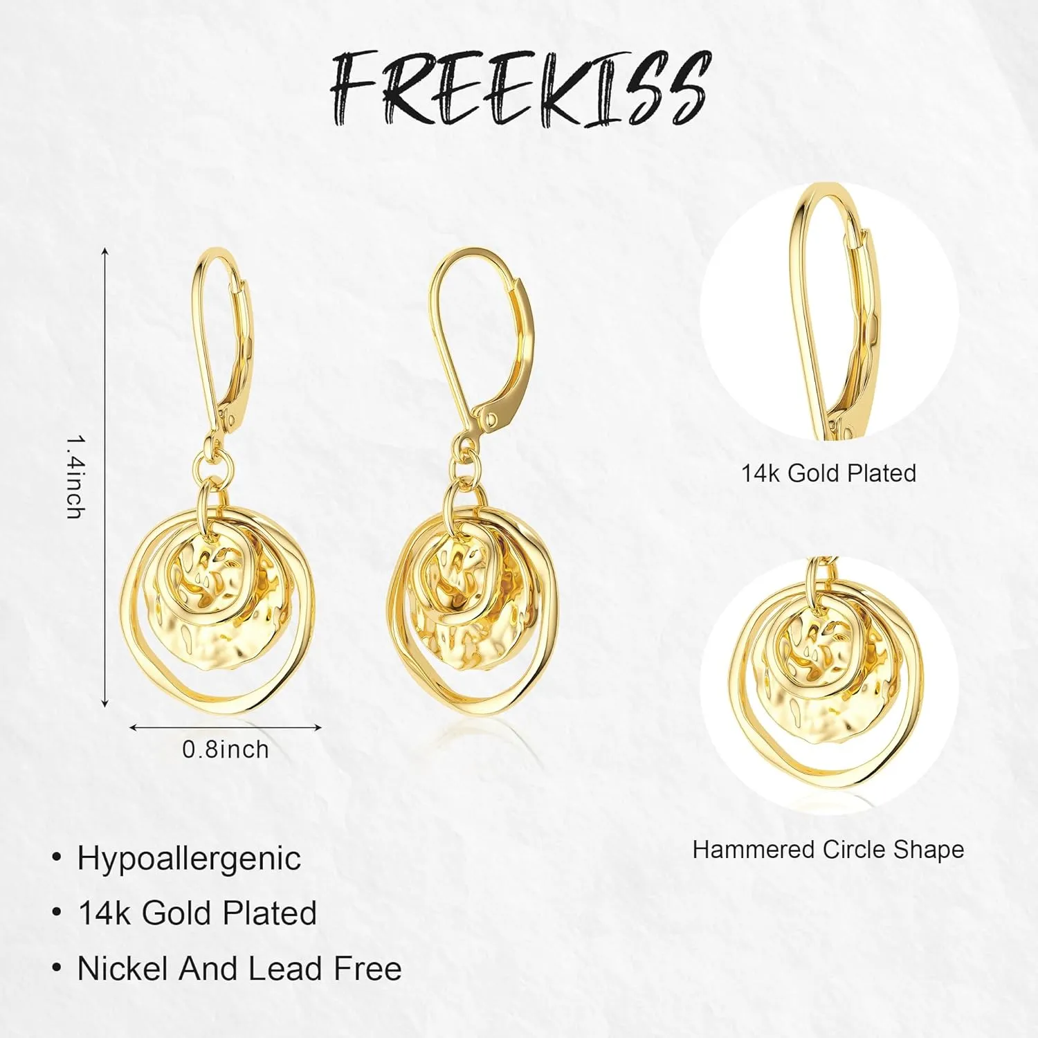 Disc Leverback Earrings for Women: Dainty 14k Gold Plated Dangle Earrings for Women Hypoallergenic Hammered Teardrop Coin Earring Set Gold Jewelry for Womens Trendy