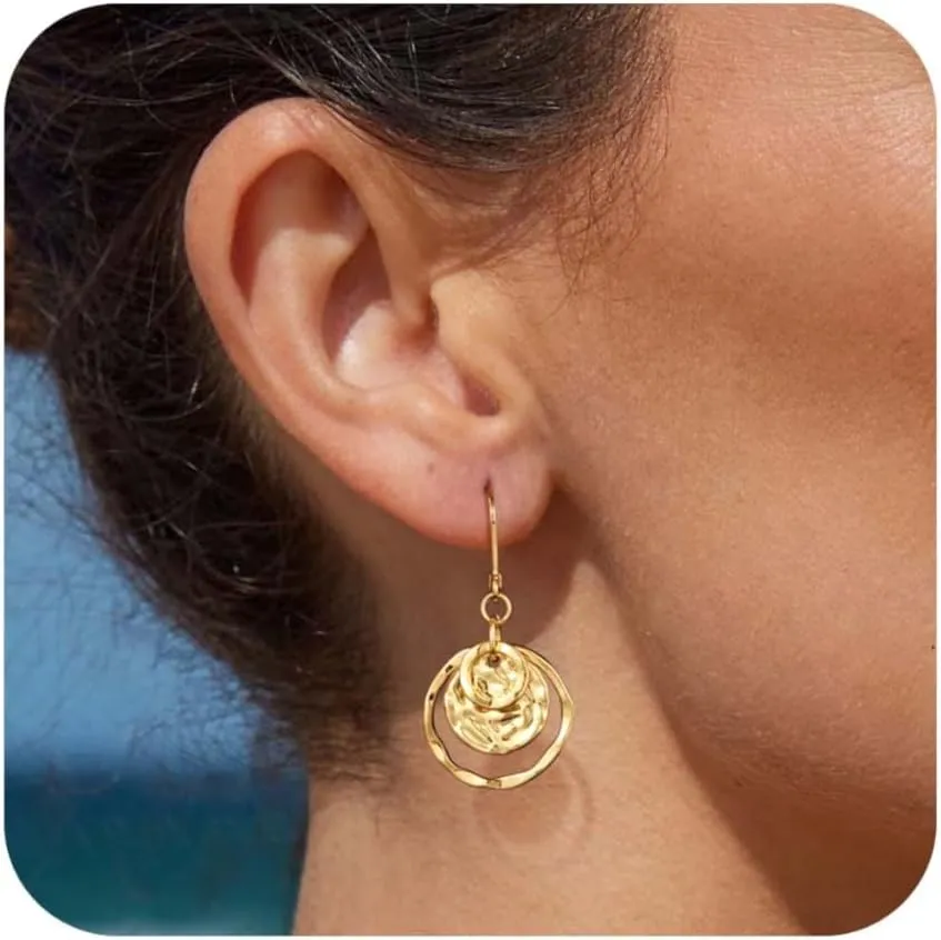 Disc Leverback Earrings for Women: Dainty 14k Gold Plated Dangle Earrings for Women Hypoallergenic Hammered Teardrop Coin Earring Set Gold Jewelry for Womens Trendy