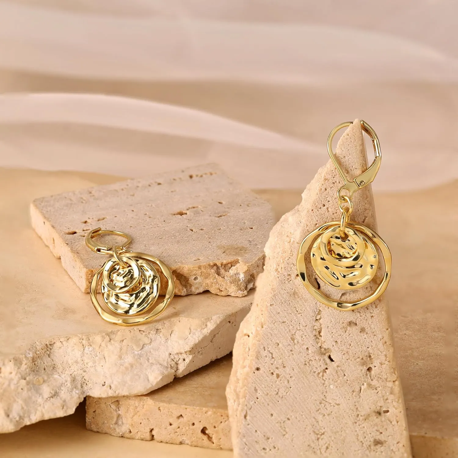 Disc Leverback Earrings for Women: Dainty 14k Gold Plated Dangle Earrings for Women Hypoallergenic Hammered Teardrop Coin Earring Set Gold Jewelry for Womens Trendy