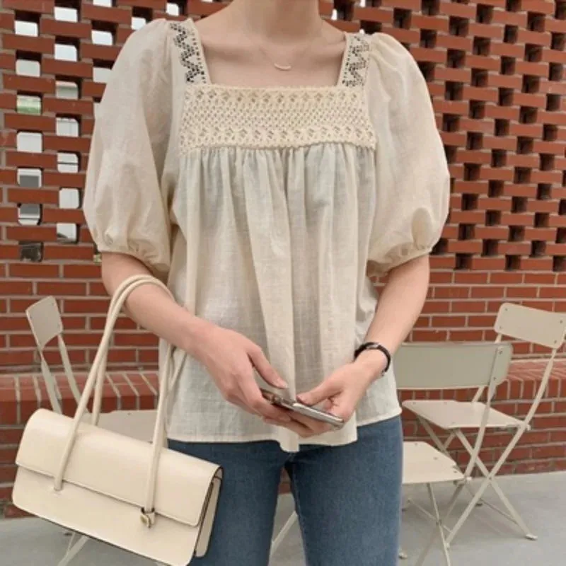 Elegant Vintage Loose Fashionable Sleeve Sleeve Short Summer Puff Lace Top