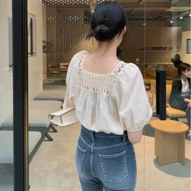 Elegant Vintage Loose Fashionable Sleeve Sleeve Short Summer Puff Lace Top
