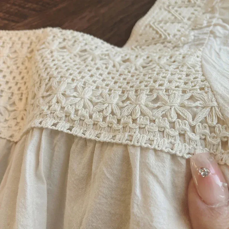 Elegant Vintage Loose Fashionable Sleeve Sleeve Short Summer Puff Lace Top