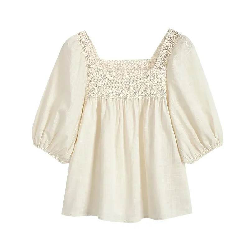 Elegant Vintage Loose Fashionable Sleeve Sleeve Short Summer Puff Lace Top