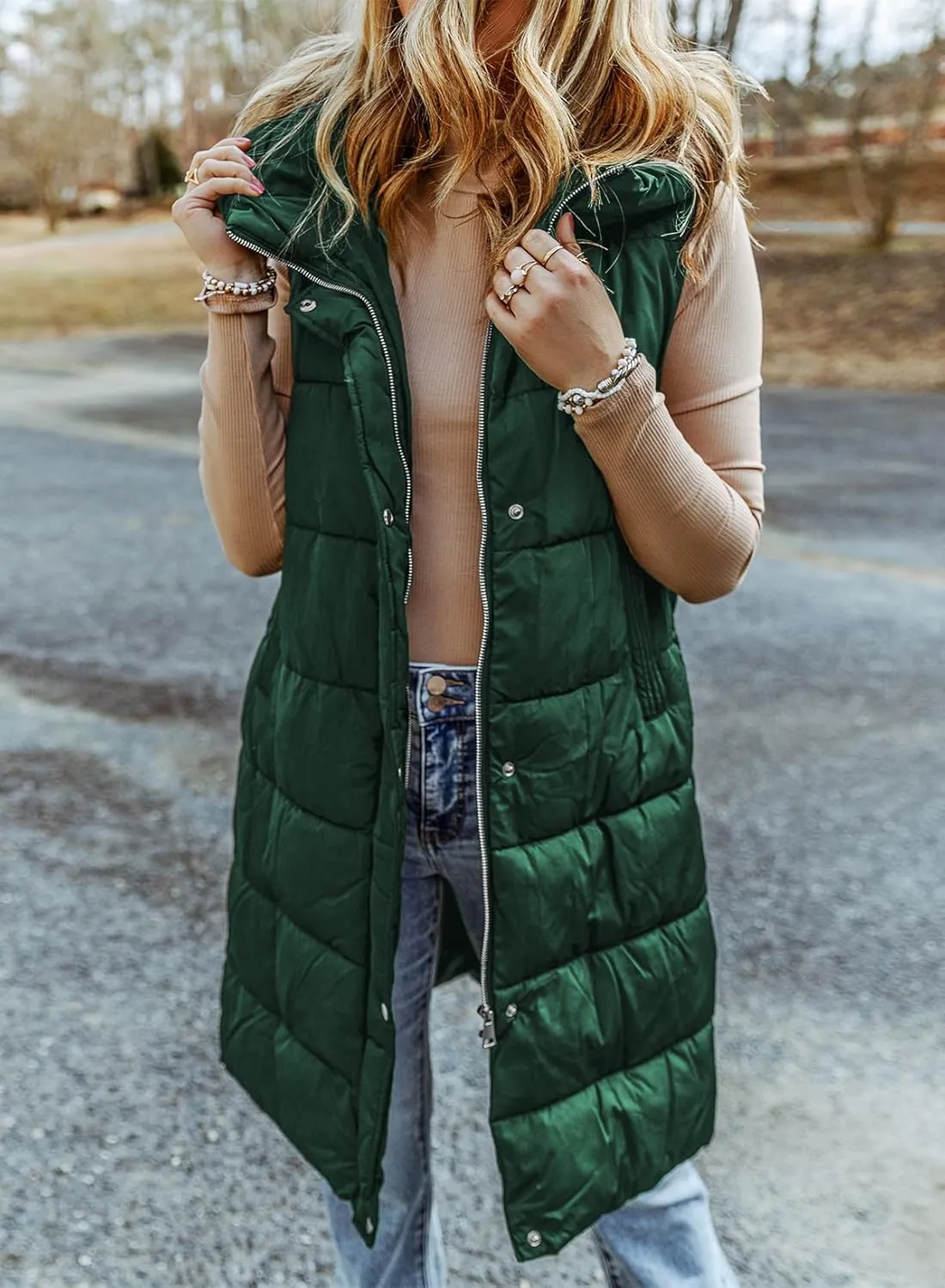 EVALESS Womens Long Puffer Vest Quilted Hooded Sleeveless Zip Up Down Jacket Winter Warm Lightweight Gilet Coat Outerwear