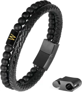 Father's Gifts for Dad Husband Mens Bracelet - Premium Genuine Leather Natural Lava Rock Matte Agate Adjustable Stainless Steel Magnetic Clasp Initial Bracelet, Unique Gifts for Men Husband Dad Son