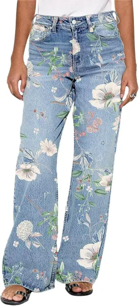 Flamingals Women's Floral Embroidery Straight Leg High Waist Wash Jeans Elegant and Vintage Style Jeans for Women