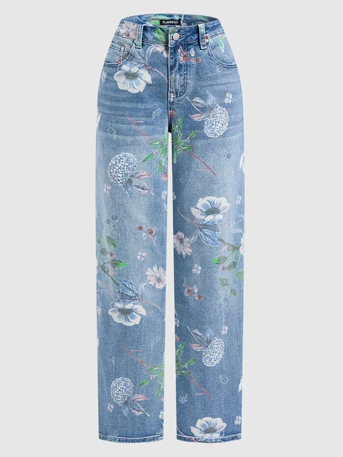 Flamingals Women's Floral Embroidery Straight Leg High Waist Wash Jeans Elegant and Vintage Style Jeans for Women