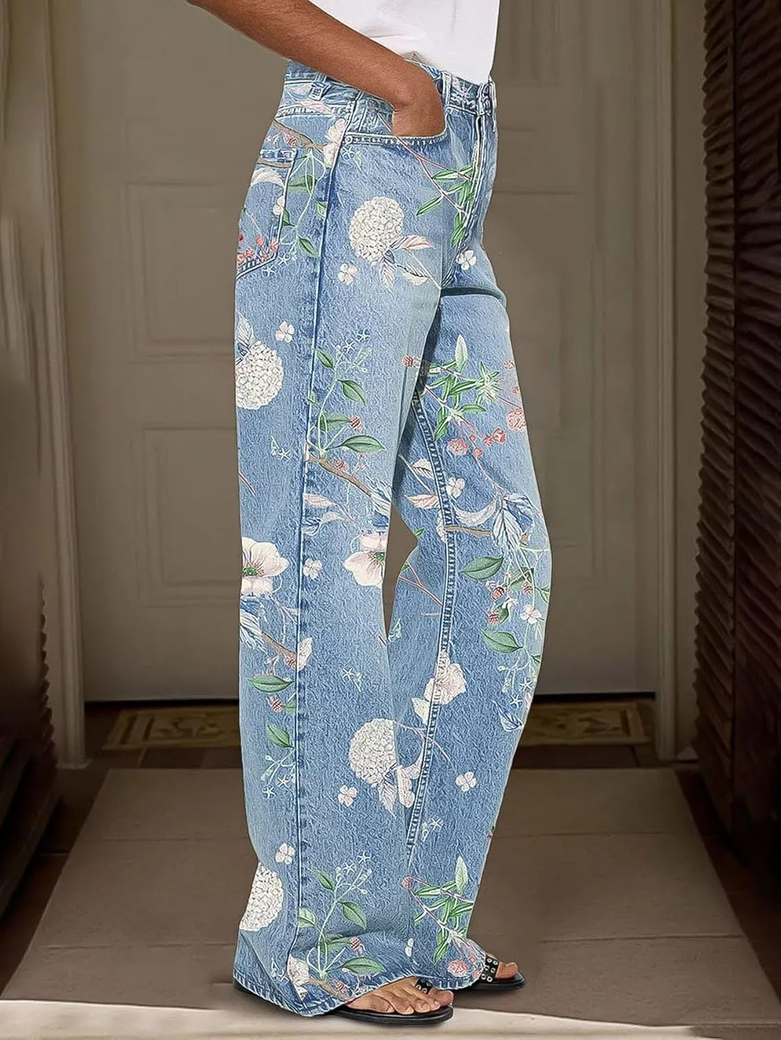 Flamingals Women's Floral Embroidery Straight Leg High Waist Wash Jeans Elegant and Vintage Style Jeans for Women