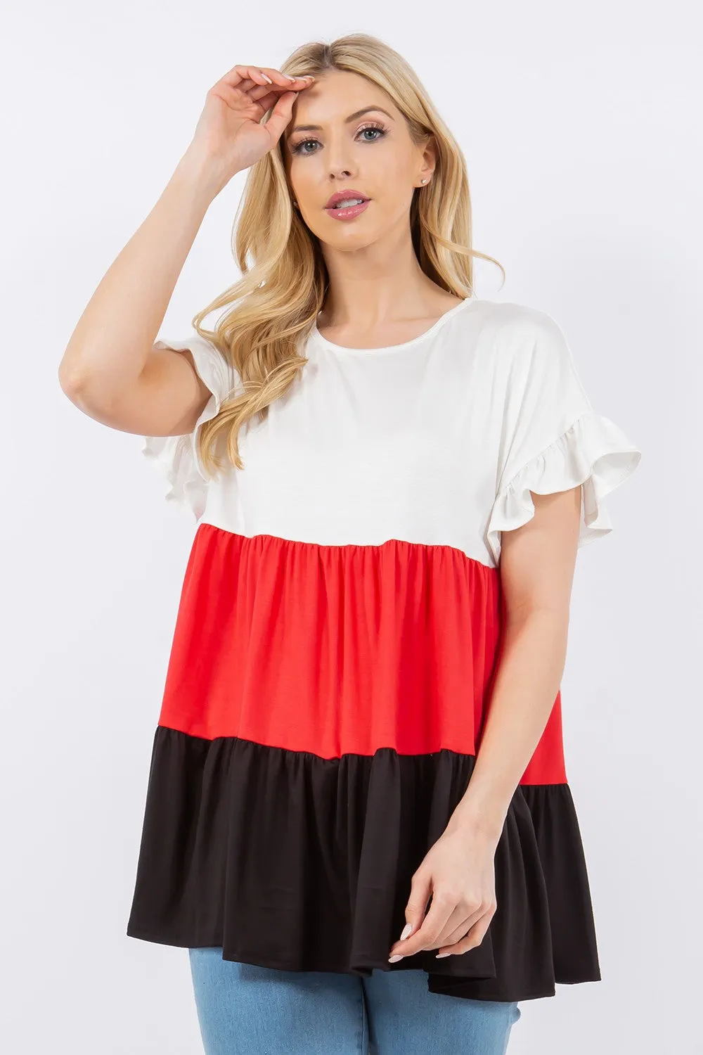 Full Size Color Block Ruffled Short Sleeve Top