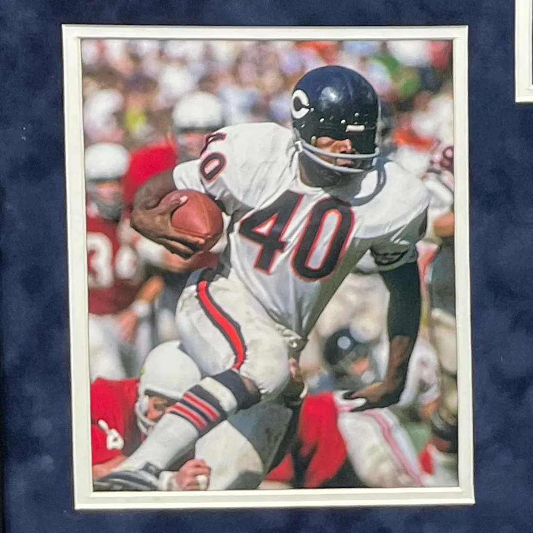 Gale Sayers Signed Chicago Blue Custom Double-Suede Framed football Jersey (PSA)