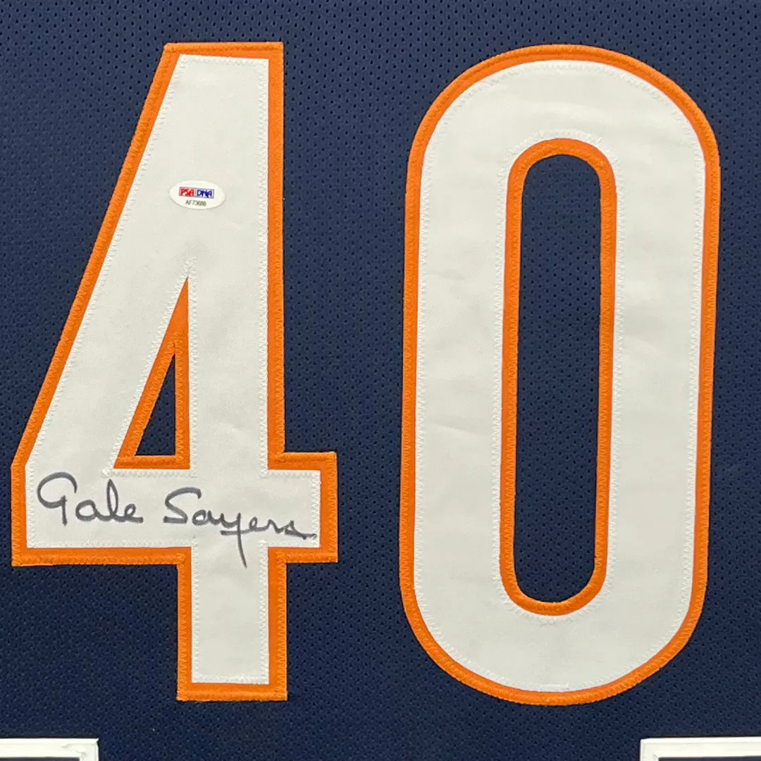 Gale Sayers Signed Chicago Blue Custom Double-Suede Framed football Jersey (PSA)