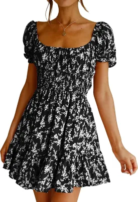 Imily Bela Womens Summer Dress Ruffle Sleeve Sqaure Neck Smocked Sun Dress Casual Boho Beach Floral Mini Dress
