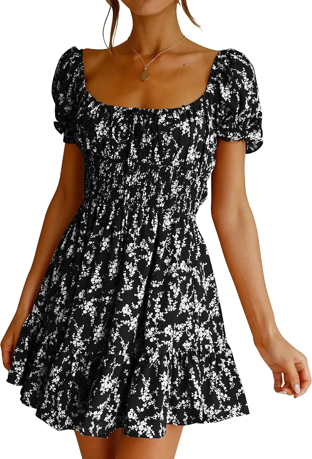 Imily Bela Womens Summer Dress Ruffle Sleeve Sqaure Neck Smocked Sun Dress Casual Boho Beach Floral Mini Dress