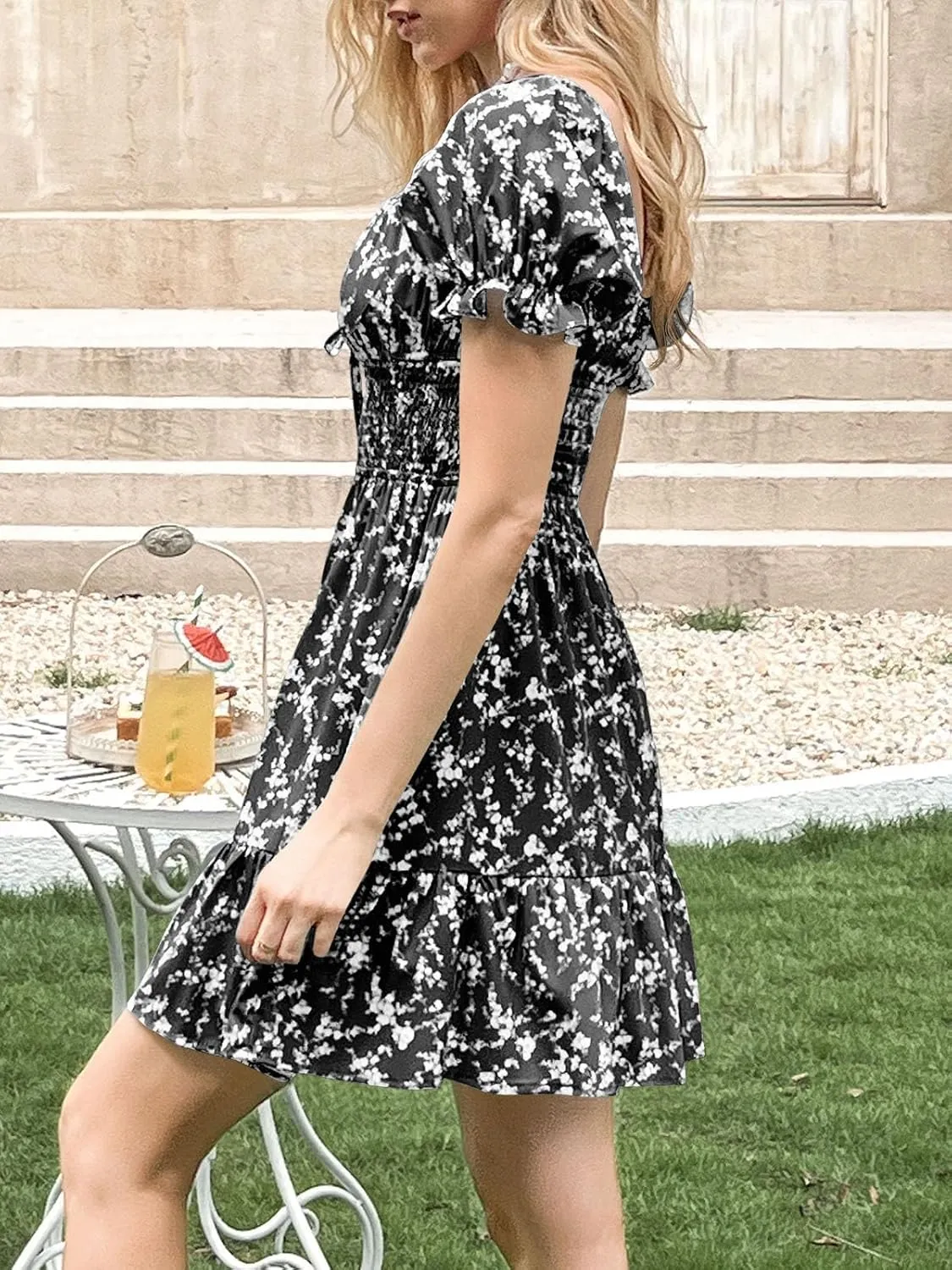 Imily Bela Womens Summer Dress Ruffle Sleeve Sqaure Neck Smocked Sun Dress Casual Boho Beach Floral Mini Dress