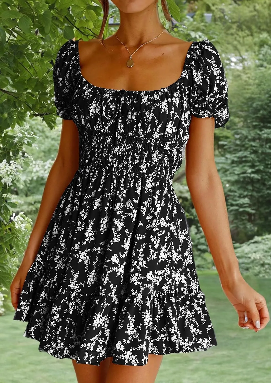 Imily Bela Womens Summer Dress Ruffle Sleeve Sqaure Neck Smocked Sun Dress Casual Boho Beach Floral Mini Dress