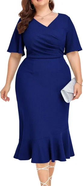LALAGEN Plus Size Dress for Women Modest Short Sleeve Ruched Bodycon Mermaid Cocktail Midi Dresses 1X-6X