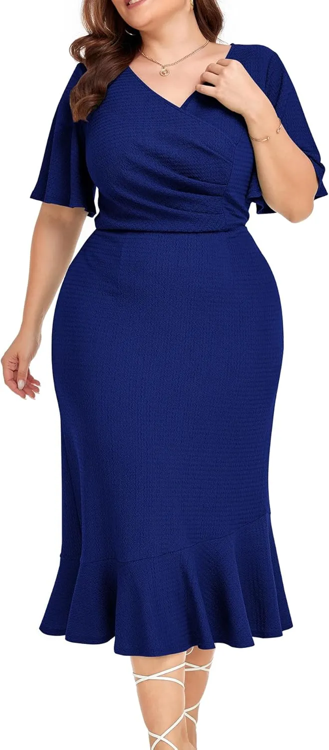 LALAGEN Plus Size Dress for Women Modest Short Sleeve Ruched Bodycon Mermaid Cocktail Midi Dresses 1X-6X
