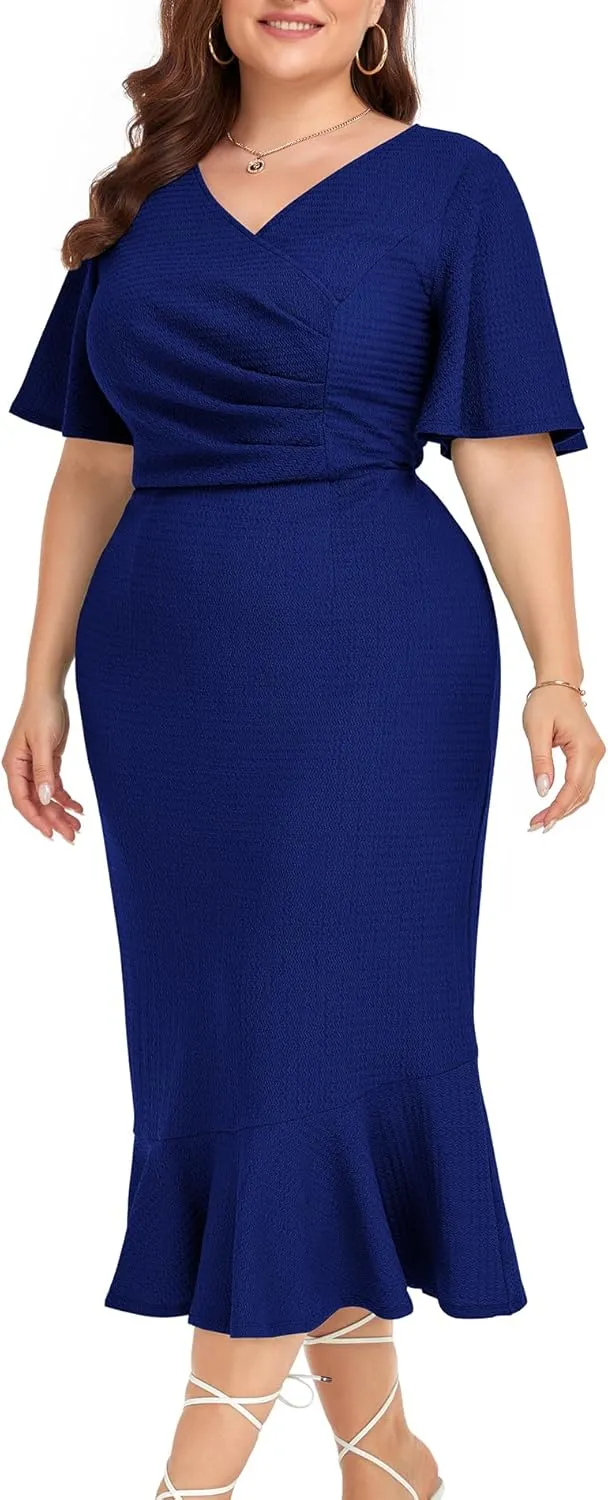 LALAGEN Plus Size Dress for Women Modest Short Sleeve Ruched Bodycon Mermaid Cocktail Midi Dresses 1X-6X