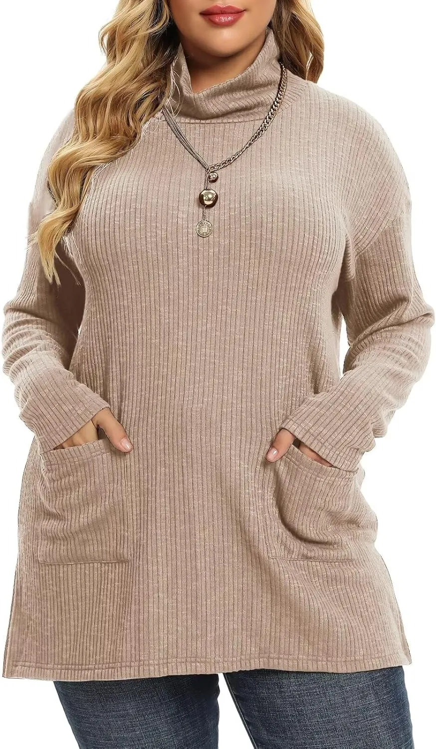 LARACE Plus Size Sweater for Women, Women's Pullover Turtleneck Long Sleeve Knit Sweater Shirts with Pockets for Fall Winter