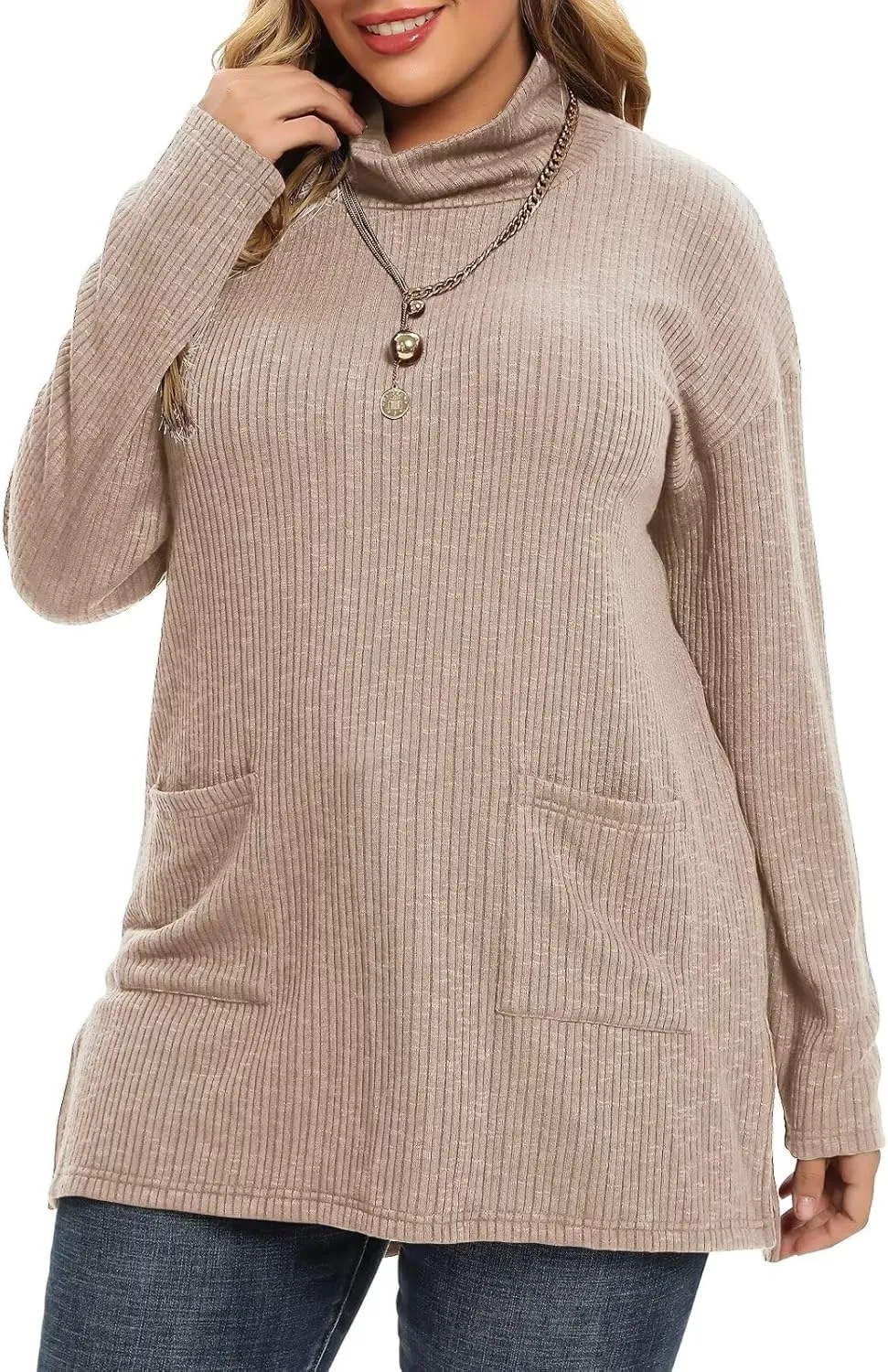 LARACE Plus Size Sweater for Women, Women's Pullover Turtleneck Long Sleeve Knit Sweater Shirts with Pockets for Fall Winter