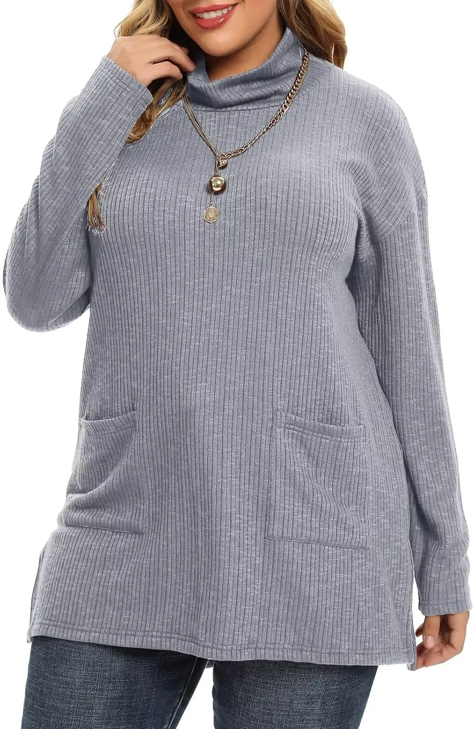 LARACE Plus Size Sweater for Women, Women's Pullover Turtleneck Long Sleeve Knit Sweater Shirts with Pockets for Fall Winter