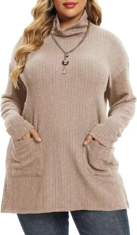 LARACE Plus Size Sweater for Women, Women's Pullover Turtleneck Long Sleeve Knit Sweater Shirts with Pockets for Fall Winter