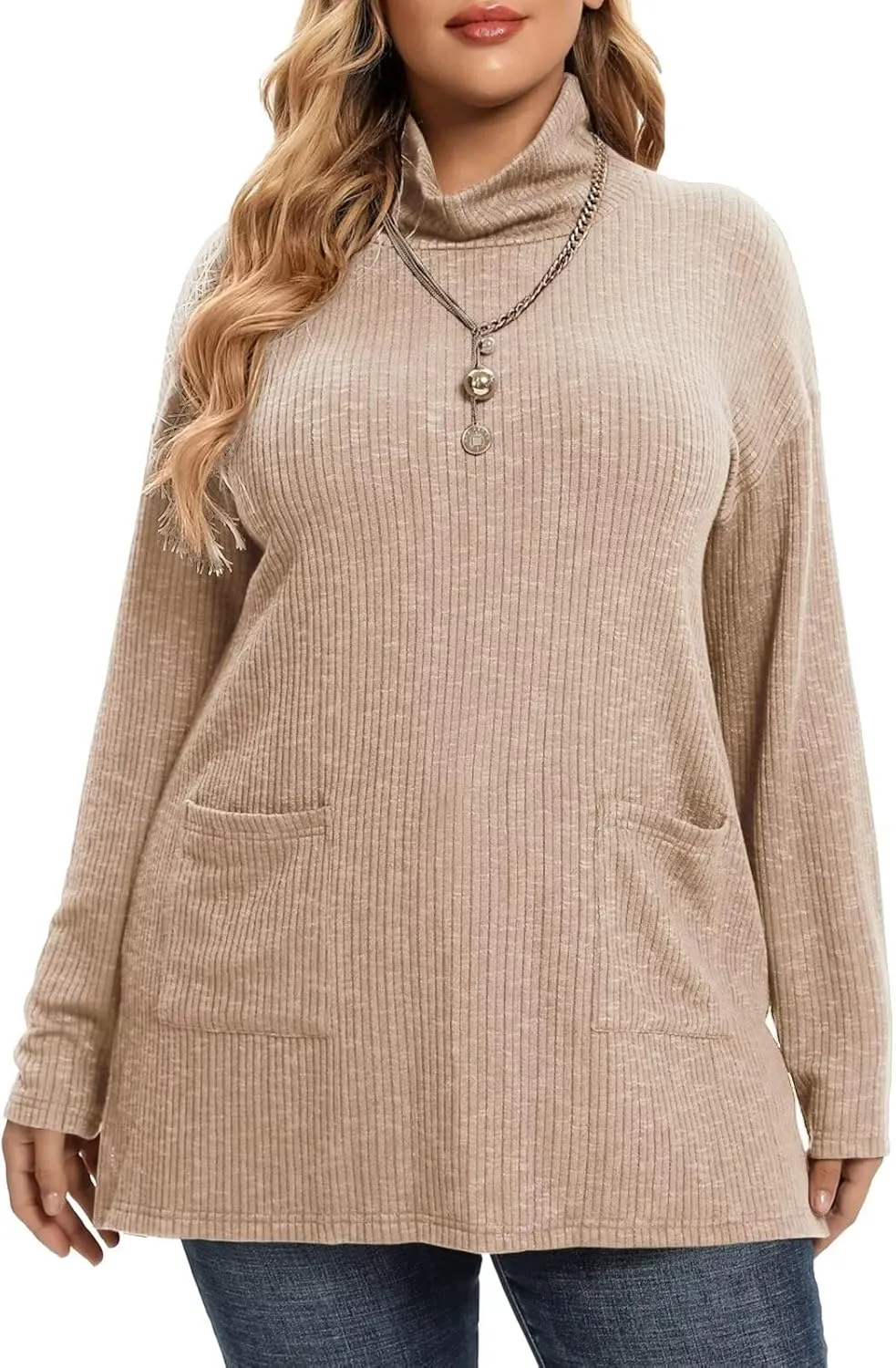 LARACE Plus Size Sweater for Women, Women's Pullover Turtleneck Long Sleeve Knit Sweater Shirts with Pockets for Fall Winter