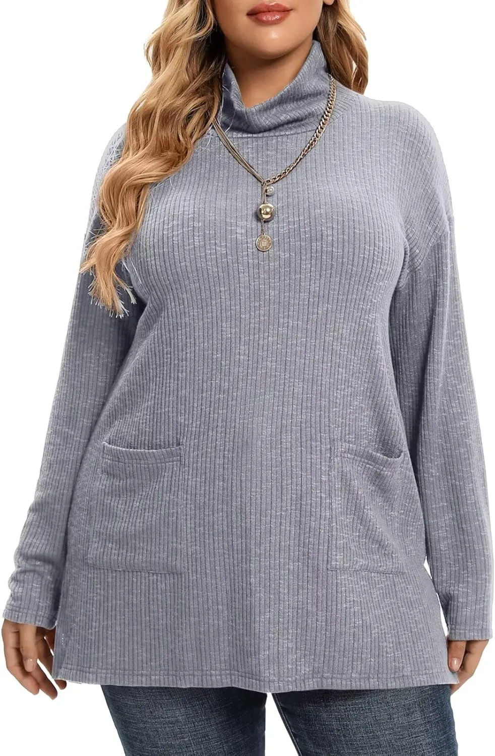 LARACE Plus Size Sweater for Women, Women's Pullover Turtleneck Long Sleeve Knit Sweater Shirts with Pockets for Fall Winter