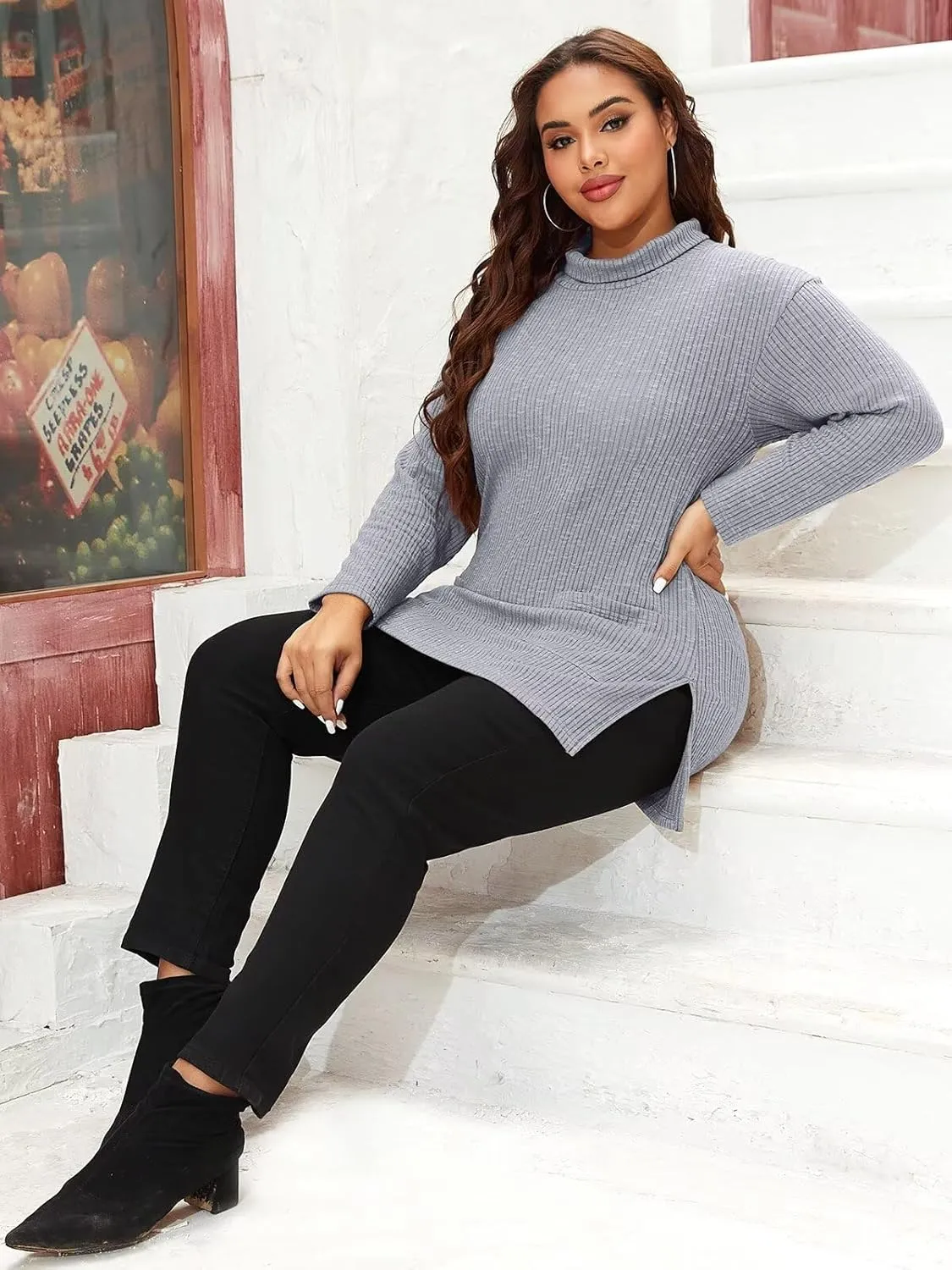 LARACE Plus Size Sweater for Women, Women's Pullover Turtleneck Long Sleeve Knit Sweater Shirts with Pockets for Fall Winter