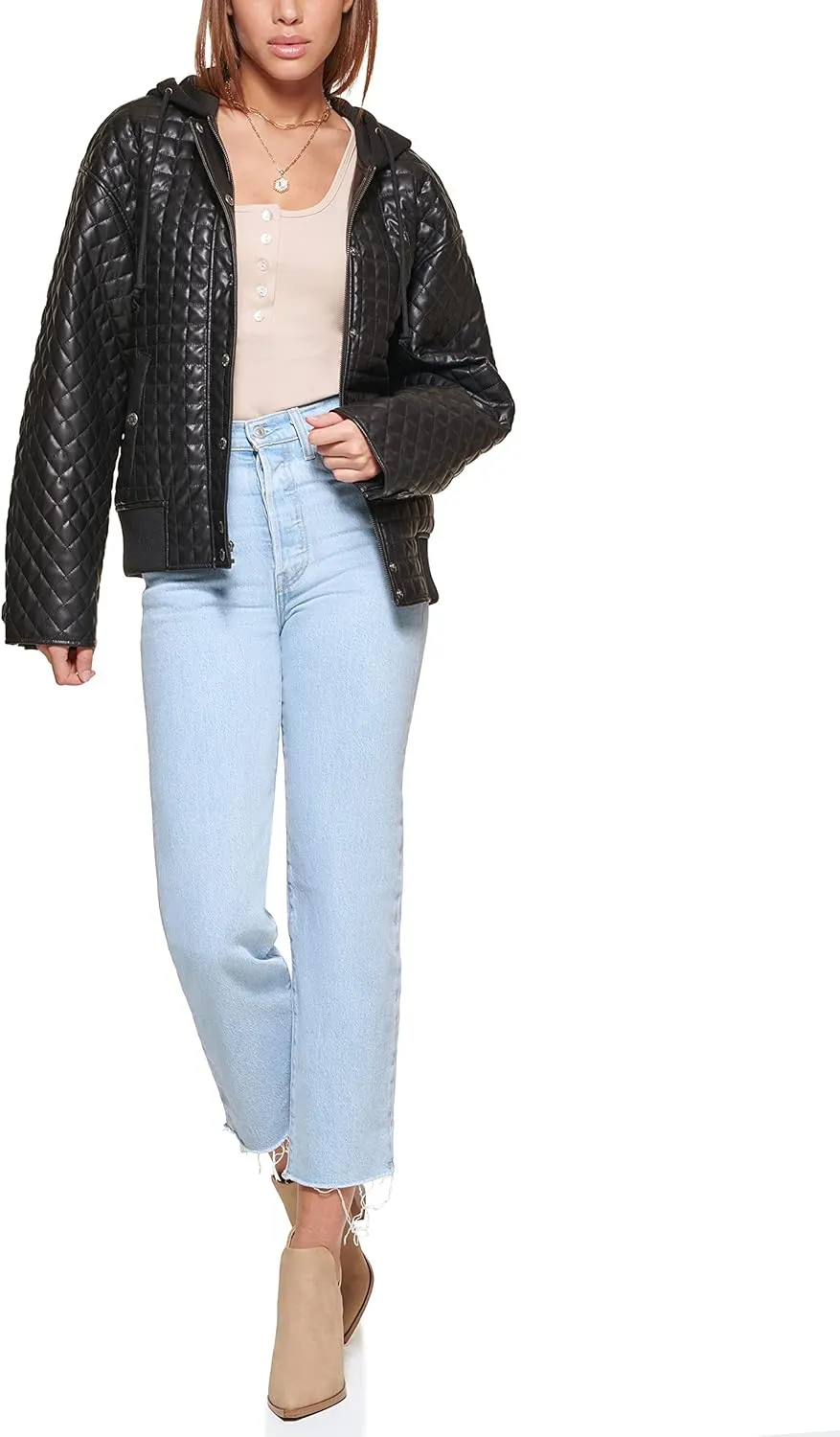 Levi's Women's Box Quilted Faux Leather Jacket with Jersey Hood