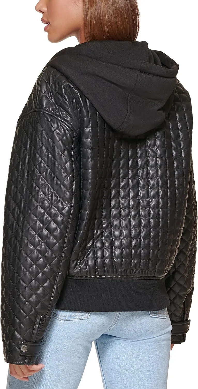 Levi's Women's Box Quilted Faux Leather Jacket with Jersey Hood