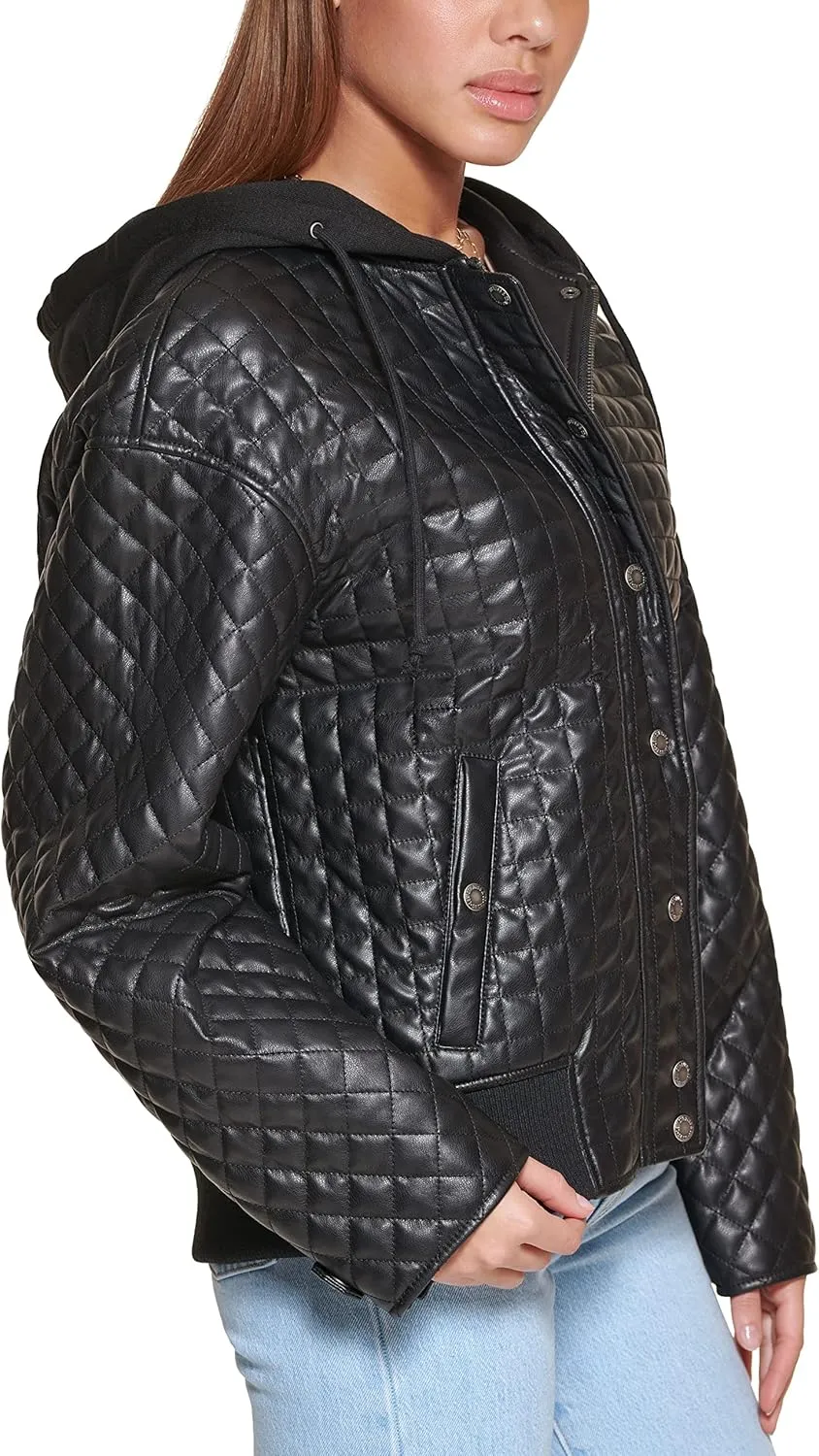 Levi's Women's Box Quilted Faux Leather Jacket with Jersey Hood