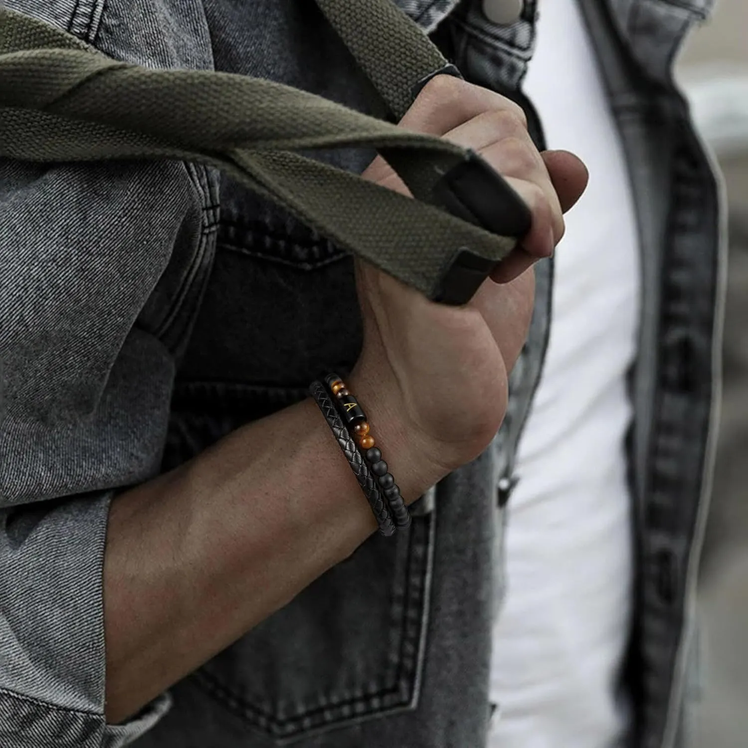 LUXEJEW Gifts for Men - Mens Bracelet, Beaded Leather Initial Bracelet 6mm Matte Agate Stone Handmade Bracelets Adjustable Stainless Steel Magnetic Clasp Mens Jewelry Gifts