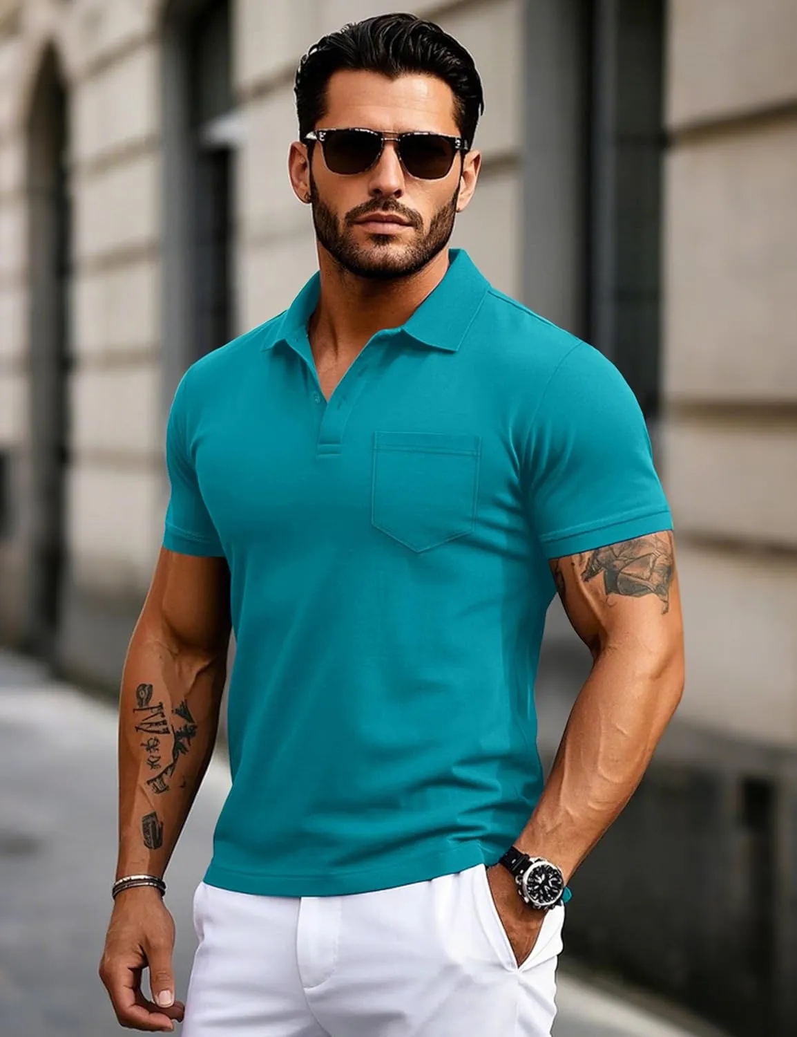 MAGCOMSEN Mens Polo Shirts Short Sleeve Cotton Pique Golf Shirts with Pocket Casual Performance Moisture Wicking Polos