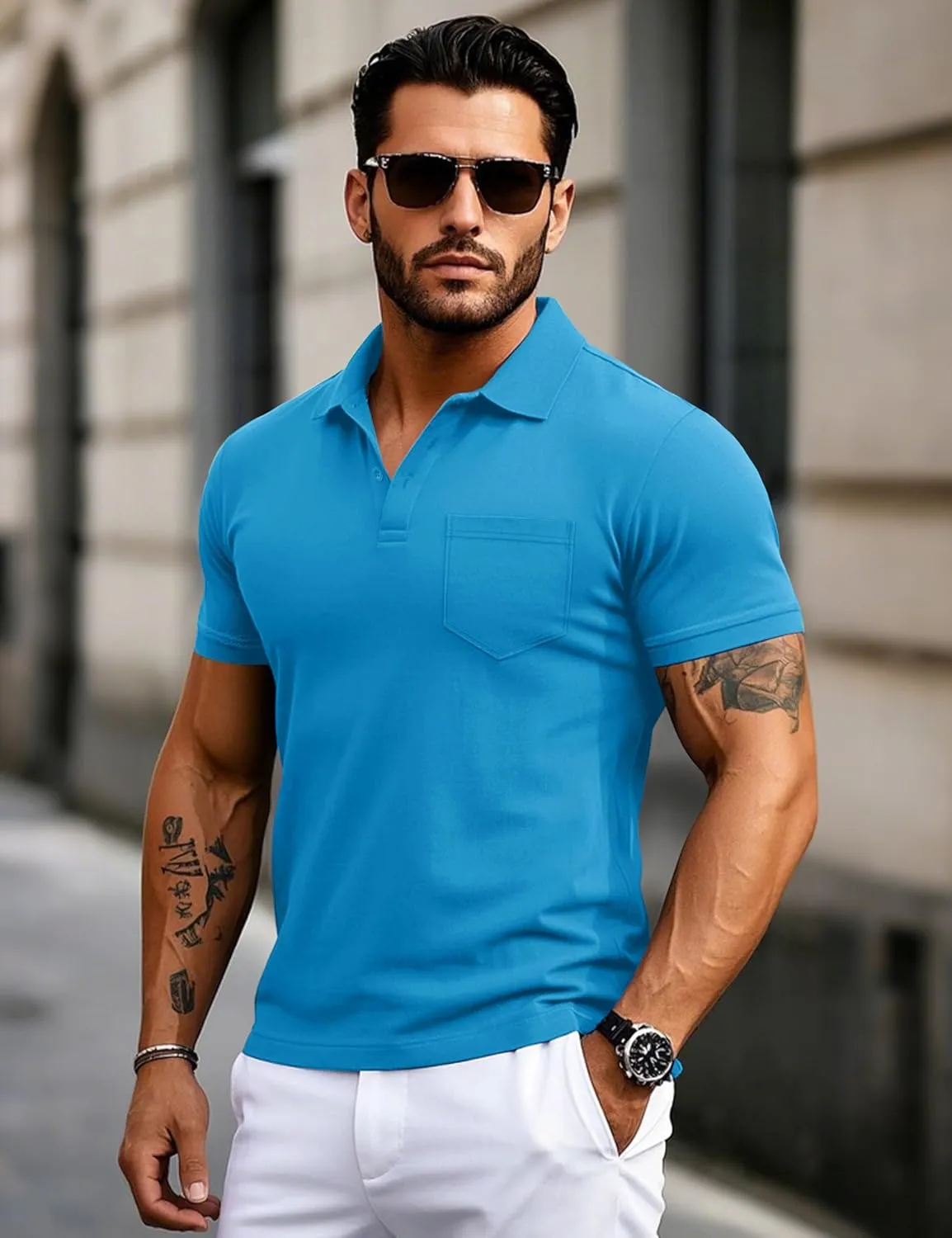 MAGCOMSEN Mens Polo Shirts Short Sleeve Cotton Pique Golf Shirts with Pocket Casual Performance Moisture Wicking Polos