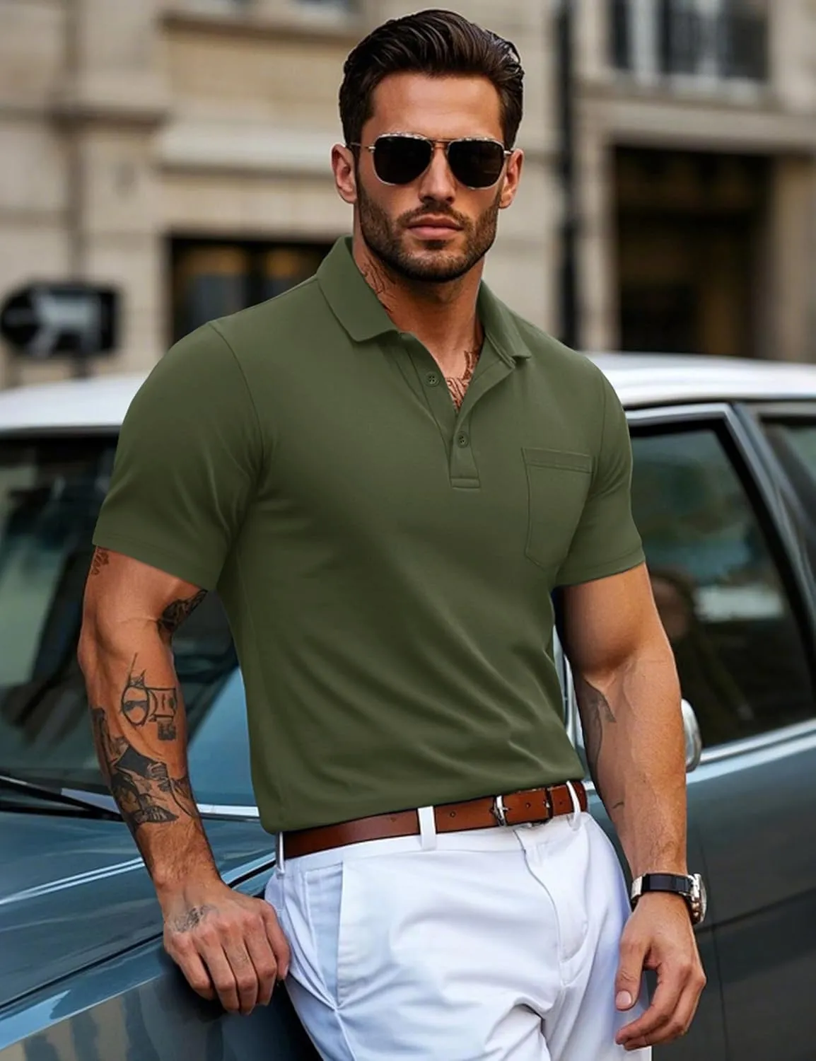 MAGCOMSEN Mens Polo Shirts Short Sleeve Cotton Pique Golf Shirts with Pocket Casual Performance Moisture Wicking Polos