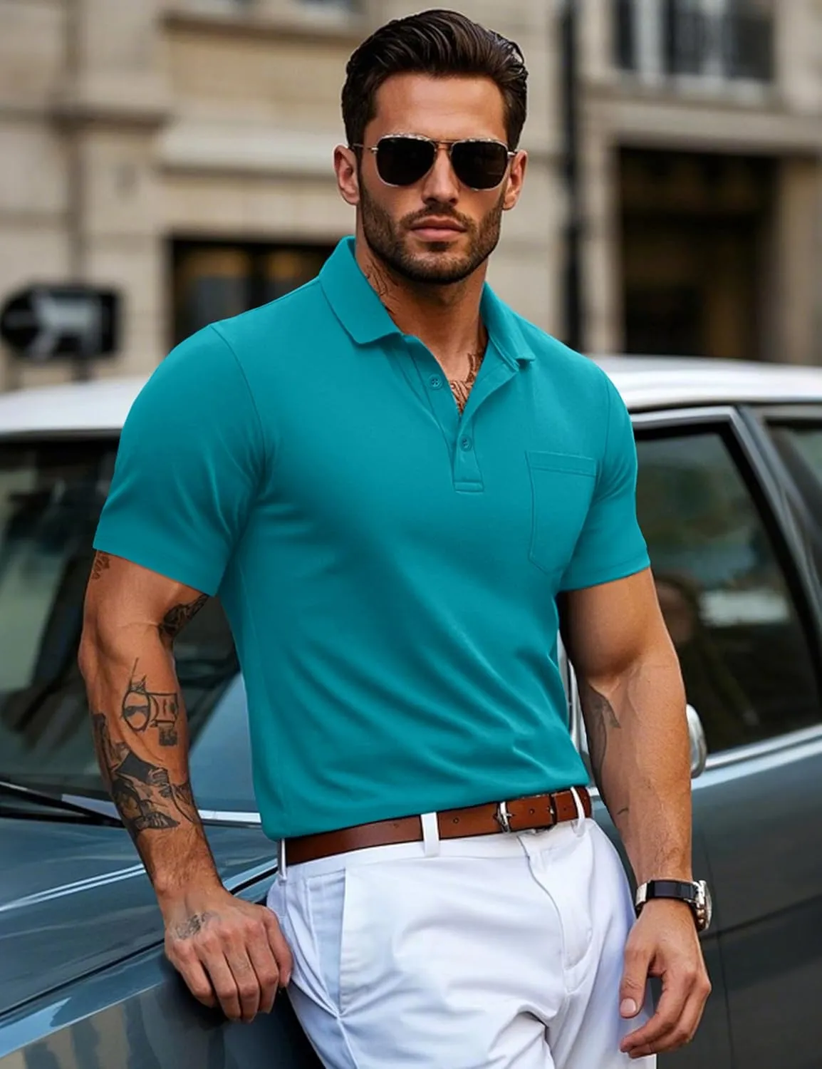 MAGCOMSEN Mens Polo Shirts Short Sleeve Cotton Pique Golf Shirts with Pocket Casual Performance Moisture Wicking Polos