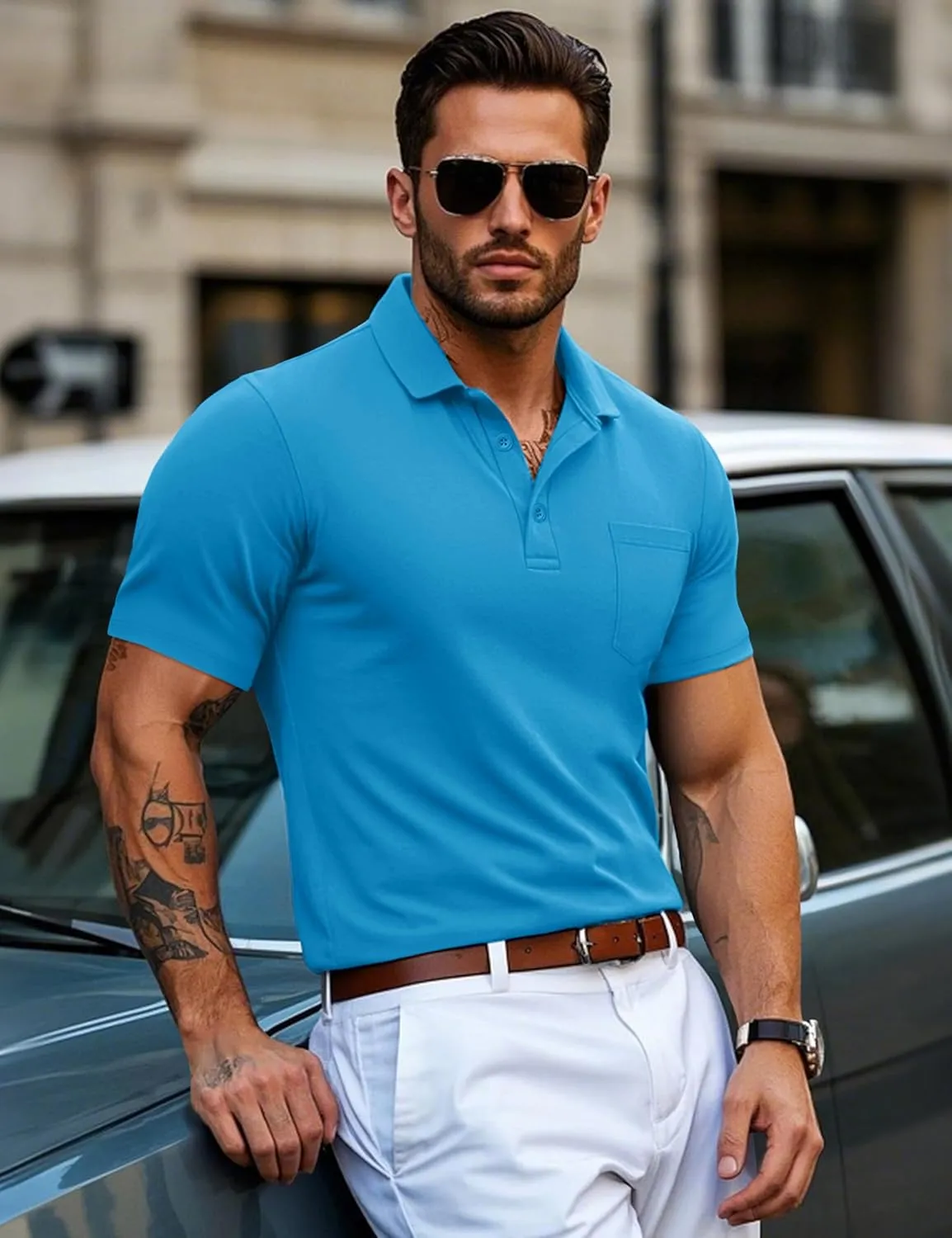 MAGCOMSEN Mens Polo Shirts Short Sleeve Cotton Pique Golf Shirts with Pocket Casual Performance Moisture Wicking Polos