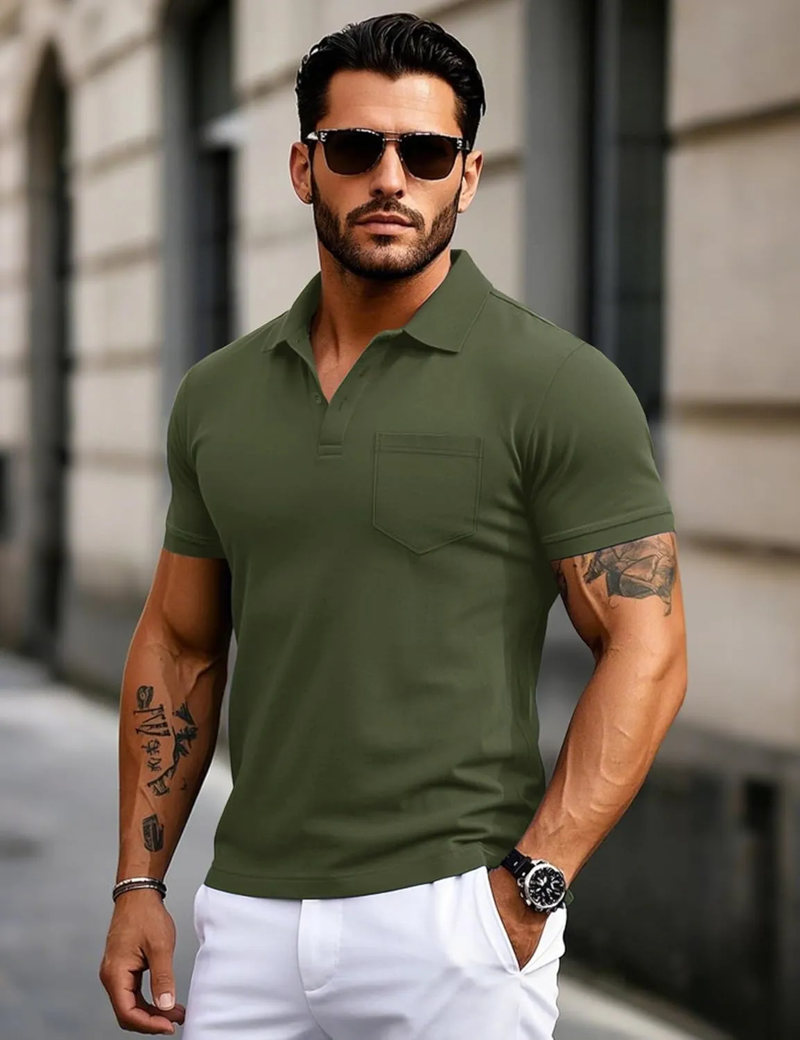 MAGCOMSEN Mens Polo Shirts Short Sleeve Cotton Pique Golf Shirts with Pocket Casual Performance Moisture Wicking Polos