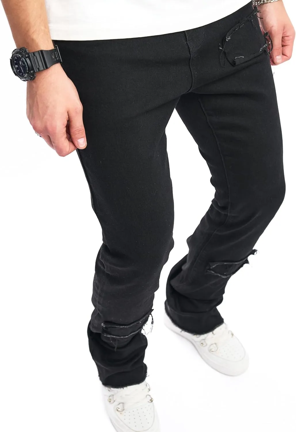 Men's Stacked Jeans Skinny Fit Stretch Jeans Patched Side Striped Straight Leg Denim Male Pants