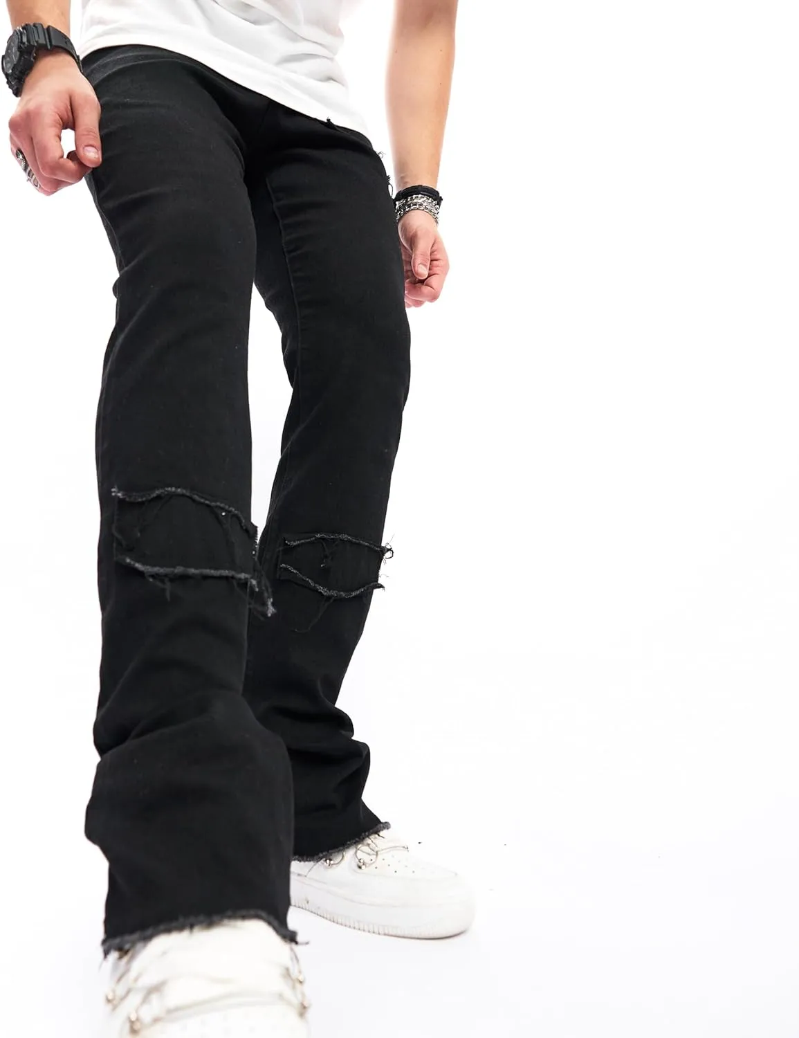 Men's Stacked Jeans Skinny Fit Stretch Jeans Patched Side Striped Straight Leg Denim Male Pants