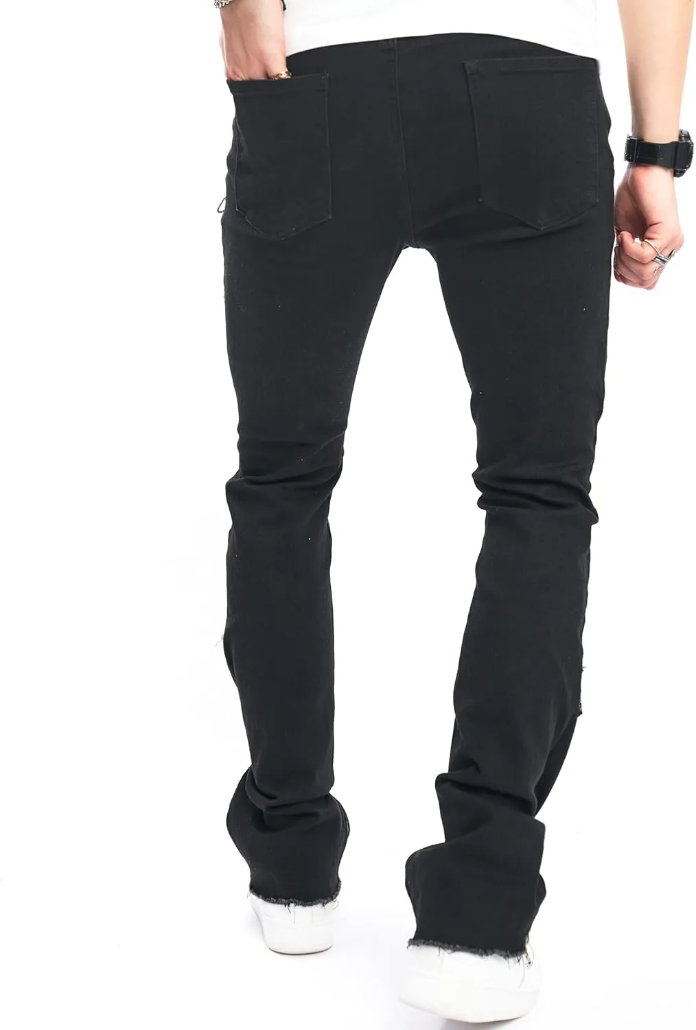 Men's Stacked Jeans Skinny Fit Stretch Jeans Patched Side Striped Straight Leg Denim Male Pants