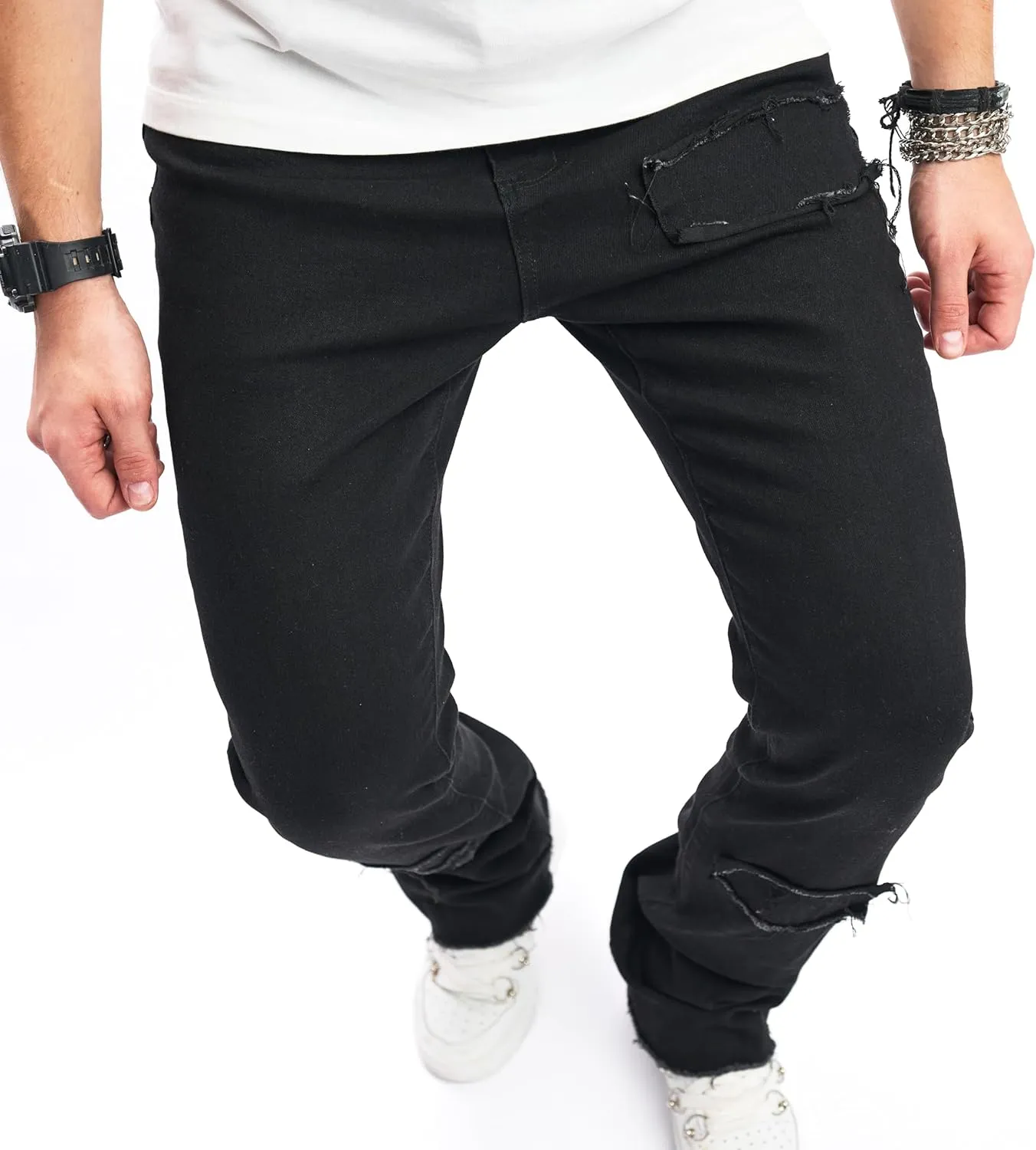 Men's Stacked Jeans Skinny Fit Stretch Jeans Patched Side Striped Straight Leg Denim Male Pants