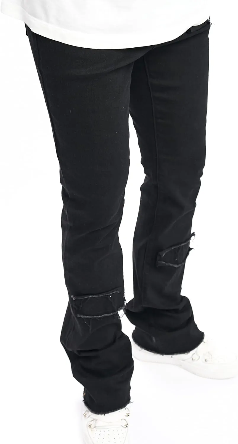 Men's Stacked Jeans Skinny Fit Stretch Jeans Patched Side Striped Straight Leg Denim Male Pants