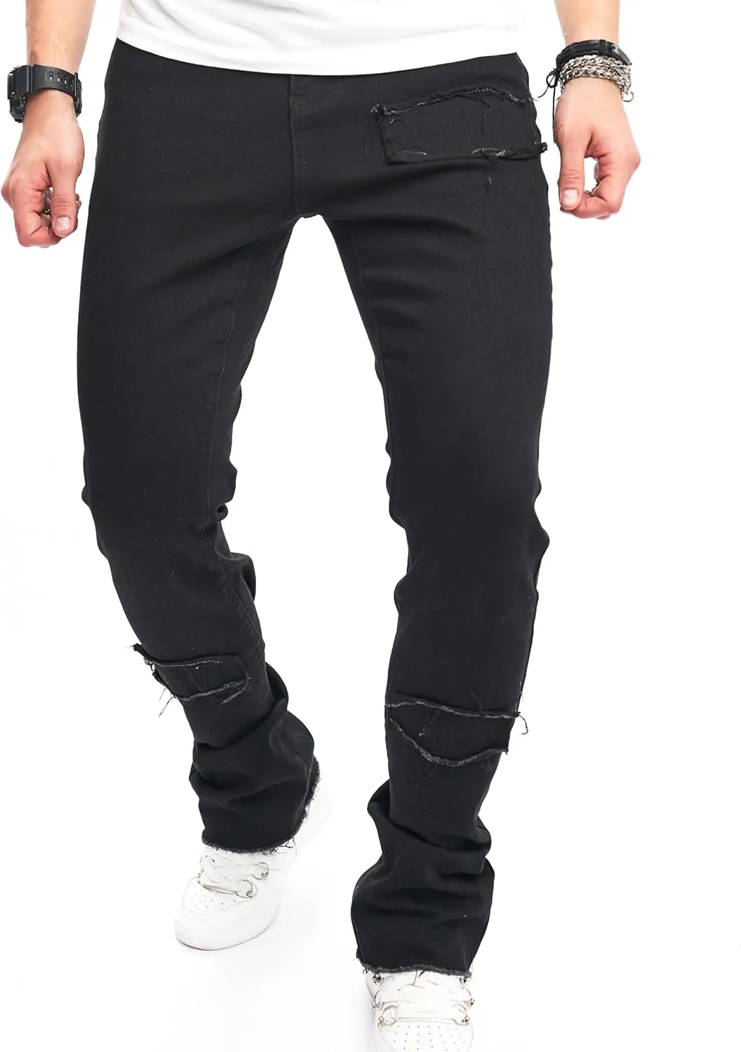 Men's Stacked Jeans Skinny Fit Stretch Jeans Patched Side Striped Straight Leg Denim Male Pants