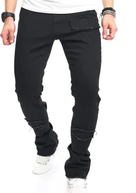 Men's Stacked Jeans Skinny Fit Stretch Jeans Patched Side Striped Straight Leg Denim Male Pants